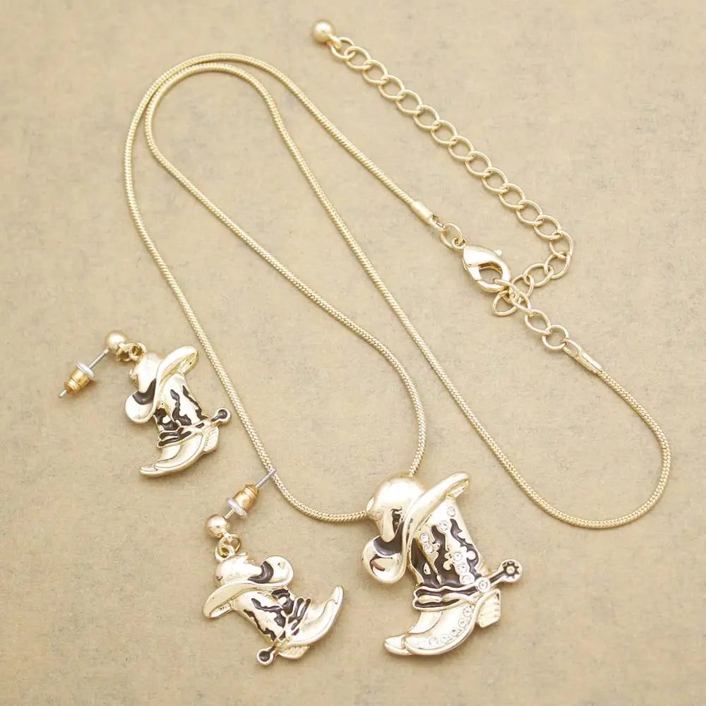 Western Cowgirl Hat Necklace Earring Jewelry Set