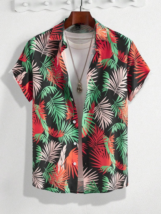 Hawaiian Floral Print Short Sleeve Button-Down Shirt