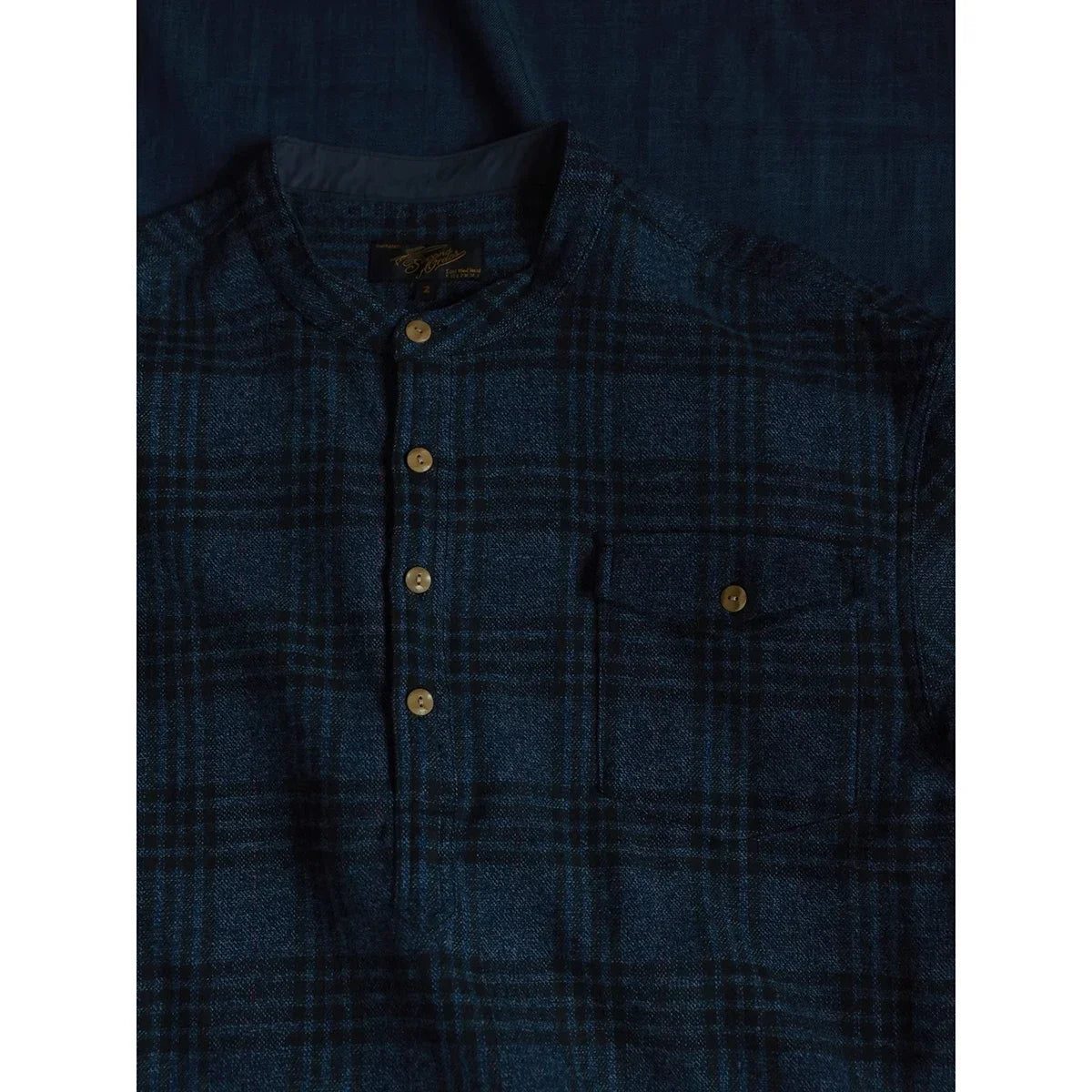 Vintage Men's Plaid Band Collar Flannel Shirt