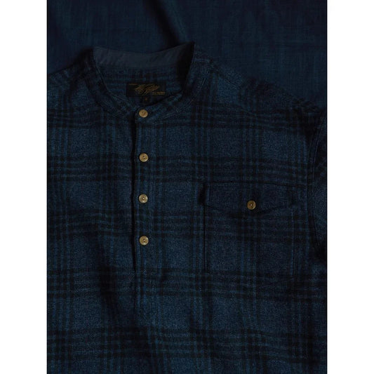 Vintage Men's Plaid Band Collar Flannel Shirt