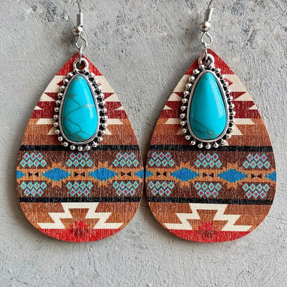 Boho Turquoise Teardrop Earrings with Aztec Design