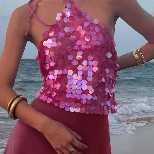 Sequin Beaded Halter Crop Top Women