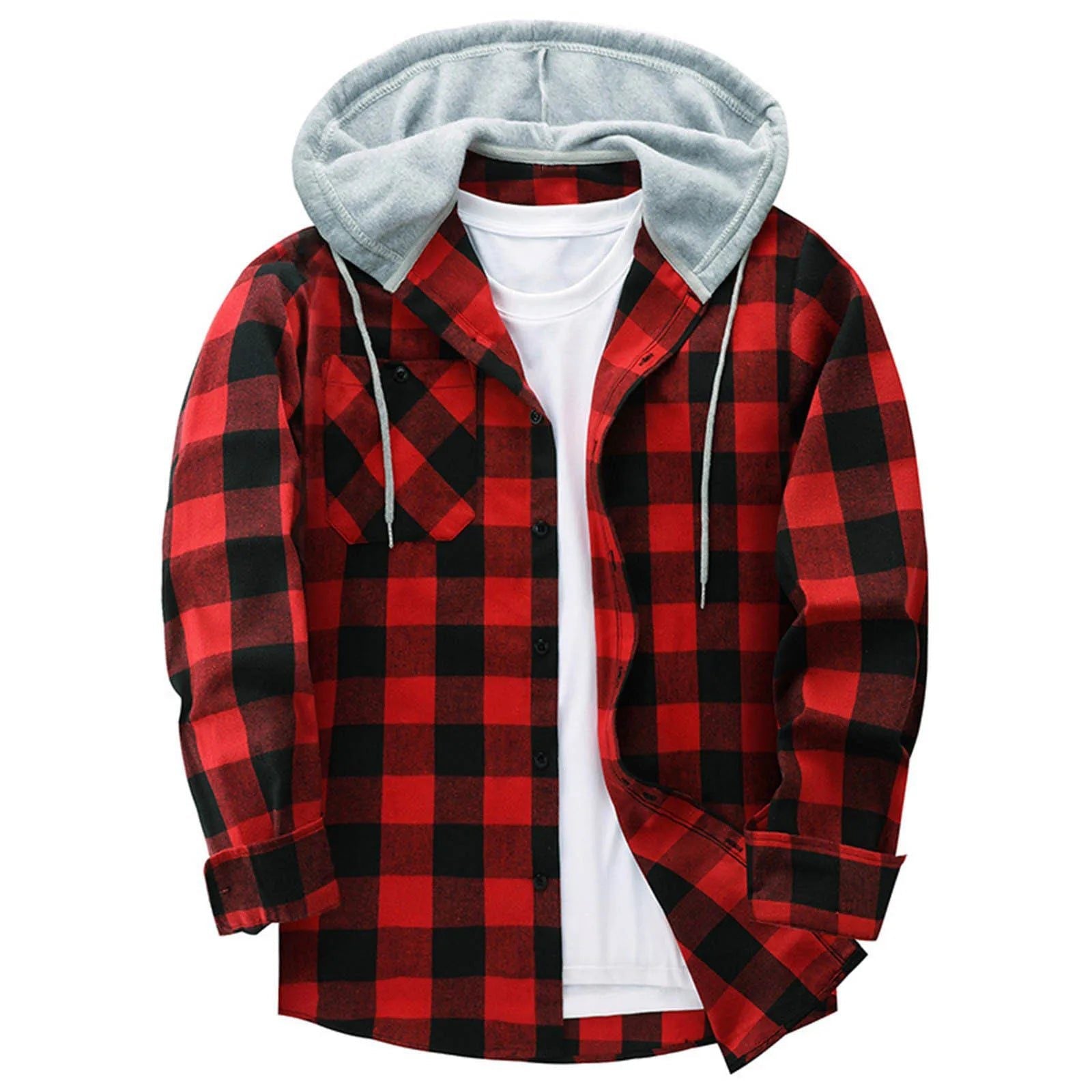Men's Casual Plaid Flannel Hooded Shirt
