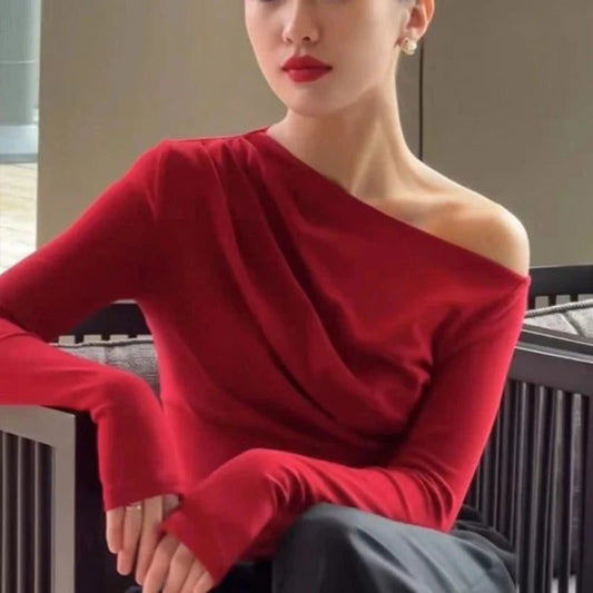 Red Off Shoulder Cotton T-Shirts for Women