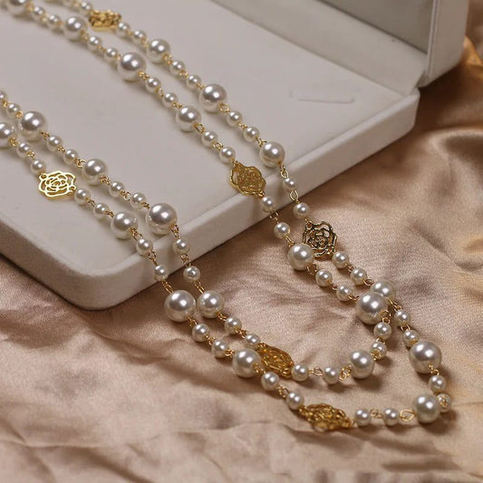Elegant Vintage Camellia Pearl Long Necklace