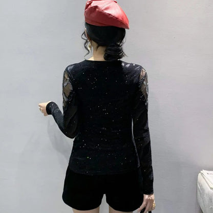 Chic Black Mesh Long Sleeve Women's T-Shirt