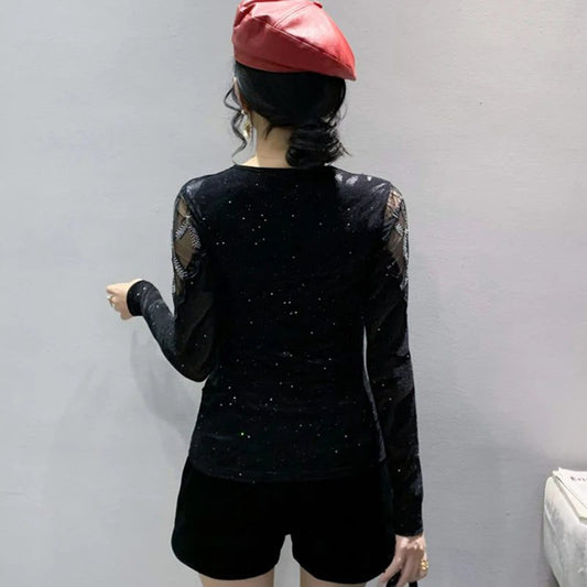 Chic Black Mesh Long Sleeve Women's T-Shirt