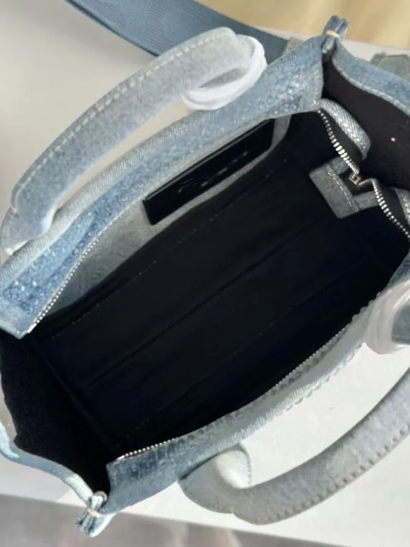 2024 Color Blocked Rhinestone Denim Tote Bag