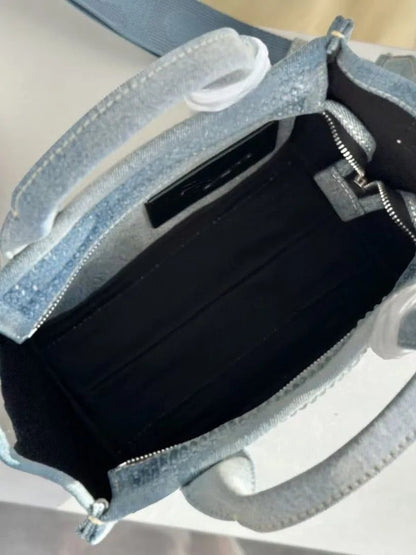 2024 Color Blocked Rhinestone Denim Tote Bag