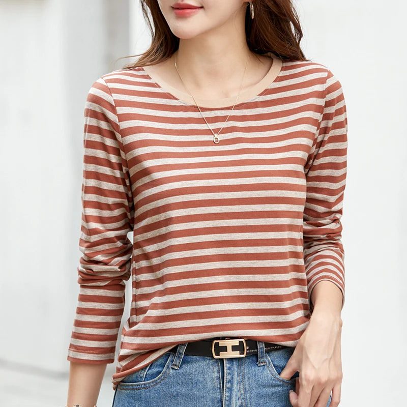 2023 Women's Striped Long Sleeve Cotton Tee