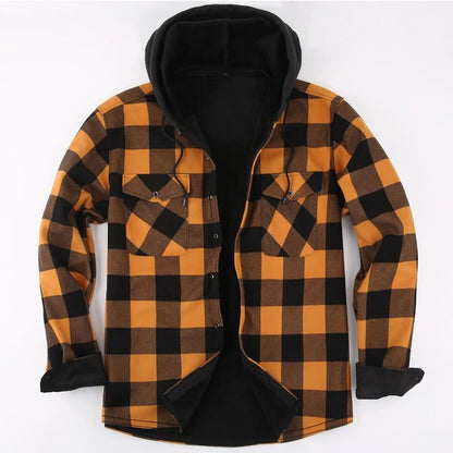 Men's Green Plaid Fleece Hooded Shirt Jacket