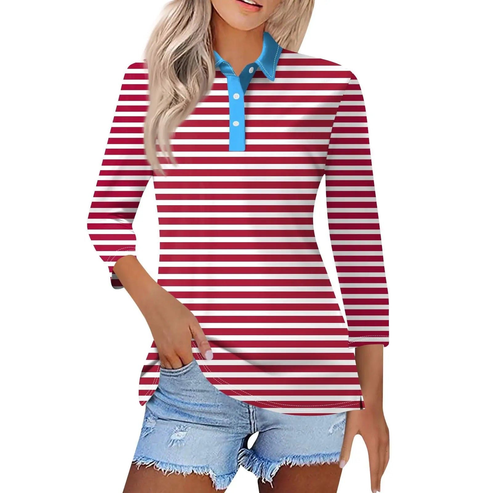 2024 Women's Striped Long Sleeve Polo Shirt