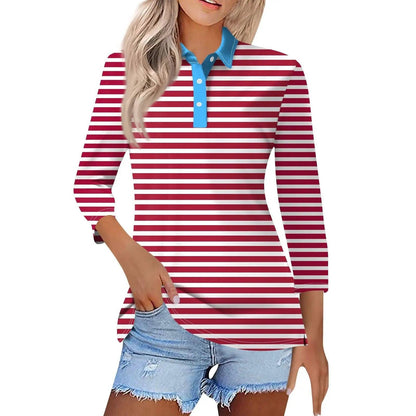 2024 Women's Striped Long Sleeve Polo Shirt