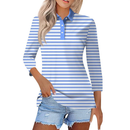 2024 Women's Striped Long Sleeve Polo Shirt