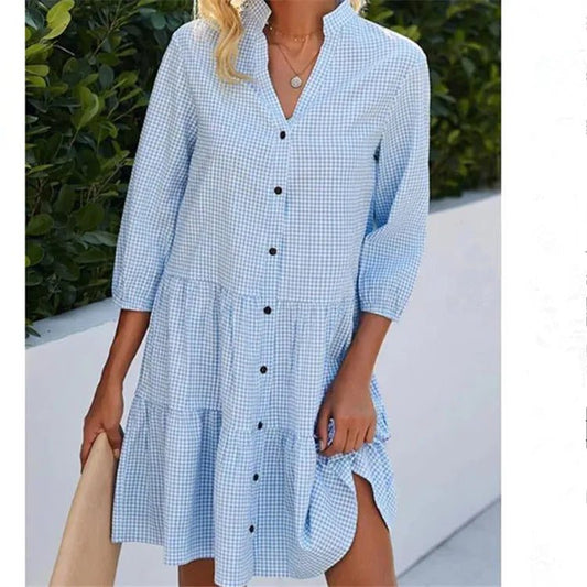 Elegant Summer Checkered Midi Dress Shirt