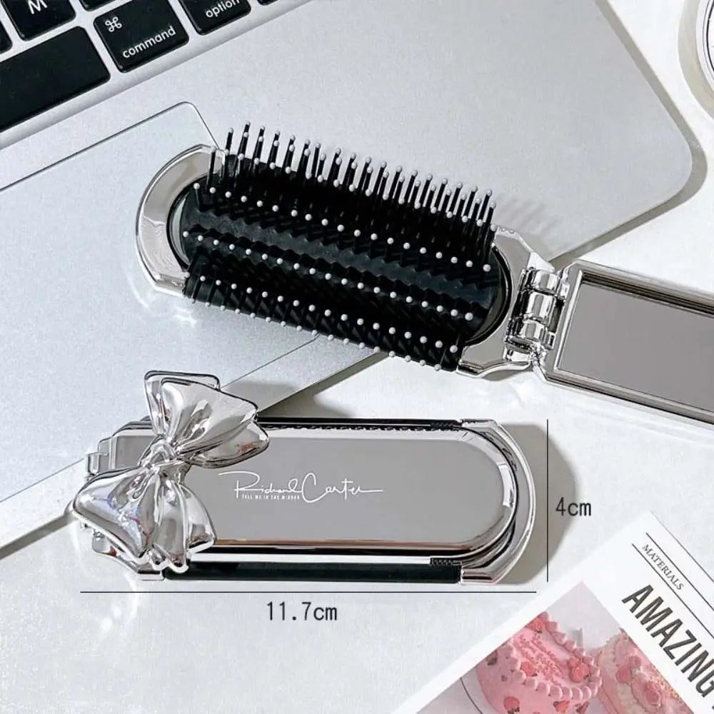 Portable Pink Silver Folding Comb Mirror Tool