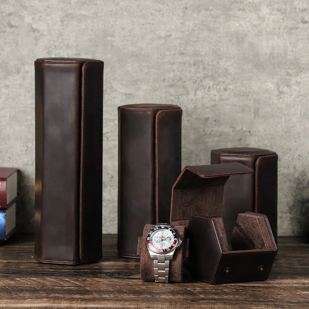 Vintage Leather Watch Roll Travel Case Organizer
