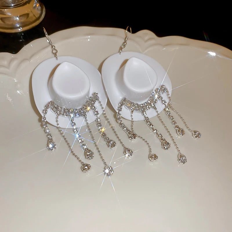 Shiny Rhinestone Cowboy Hat Dangle Earrings