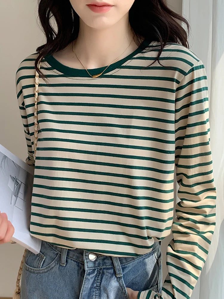 Women's Striped Long Sleeve Cotton T-Shirt