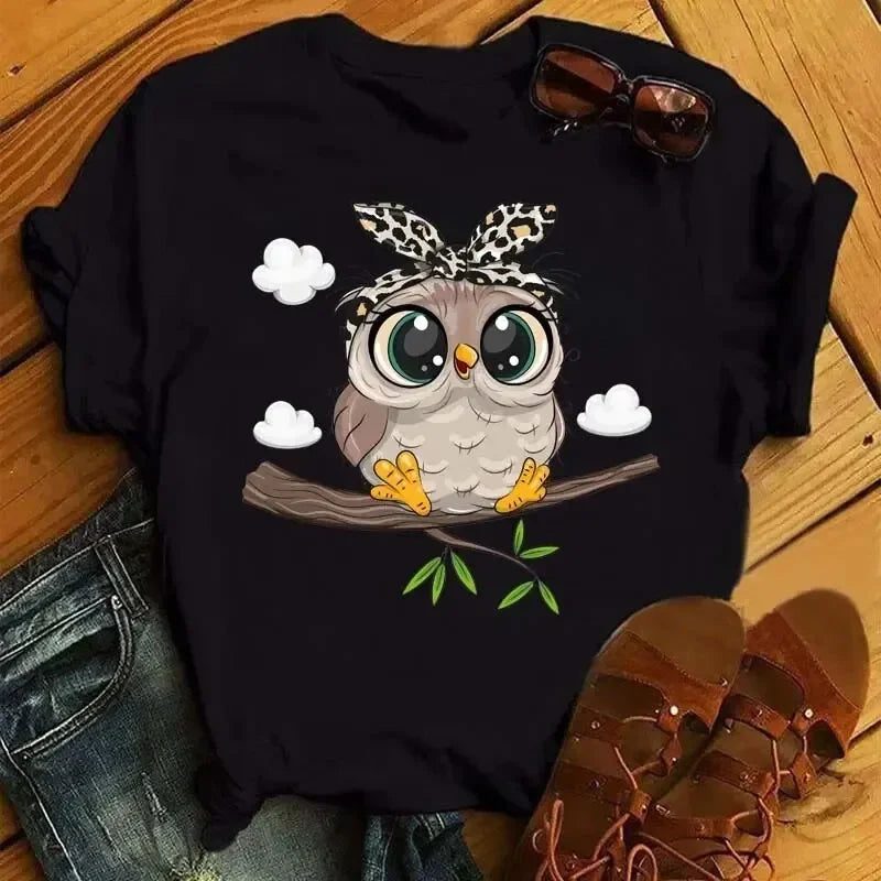 Kawaii Cartoon Owl Black T-Shirt for Women