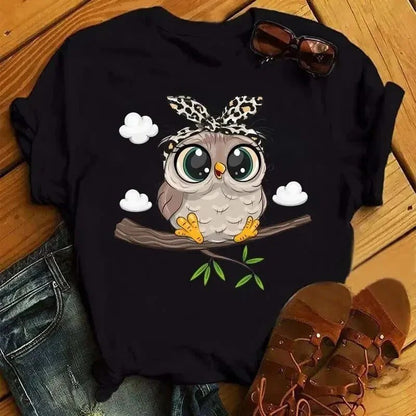 Kawaii Cartoon Owl Black T-Shirt for Women