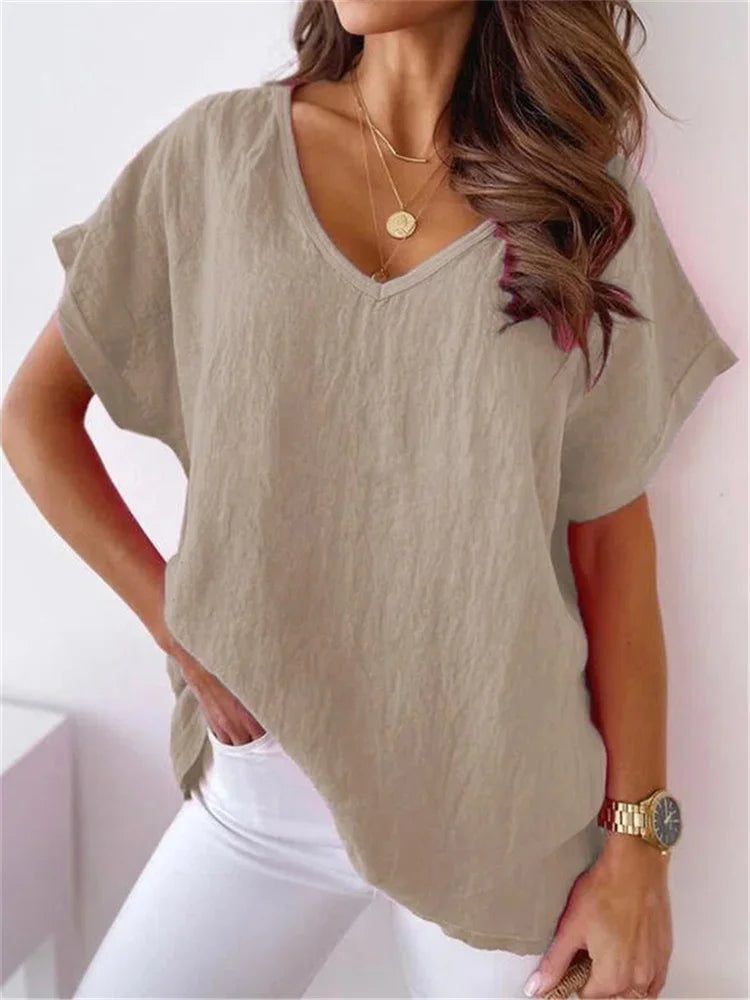 Summer Women's Oversized V Neck Cotton T-Shirts