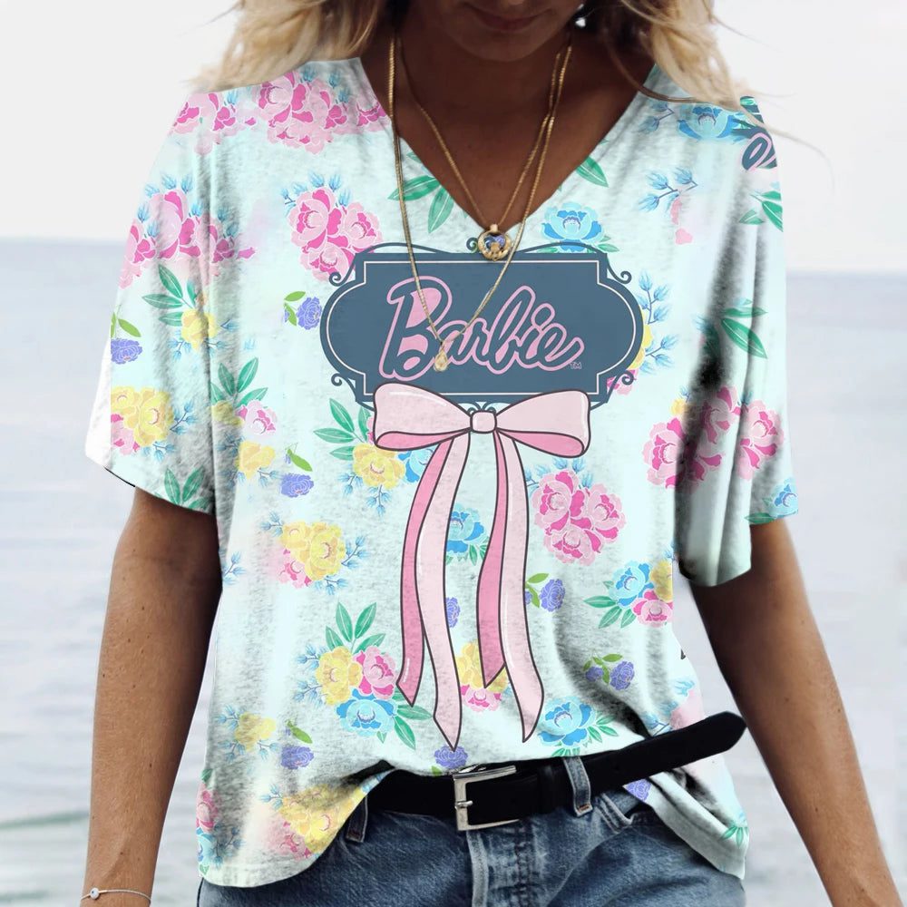 Vintage 3D Print V-Neck T-Shirt for Women