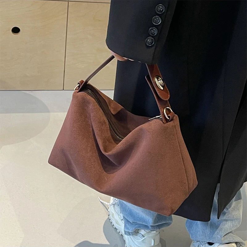 Versatile Brown Suede Handbag with Inner Pocket