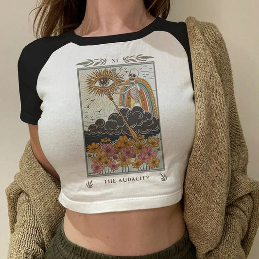 Trendy Women's Cropped T-Shirt with Tarot Print