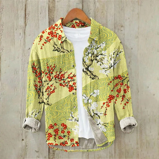 Men's Linen Hawaiian Shirt Ocean Wave Design