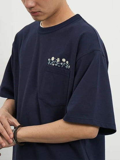Men's Flower Embroidered Pocket T-Shirt - Streetwear