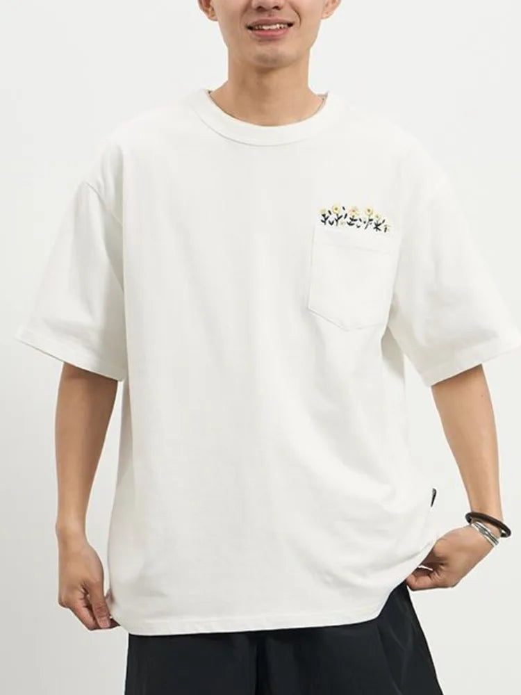Men's Flower Embroidered Pocket T-Shirt - Streetwear