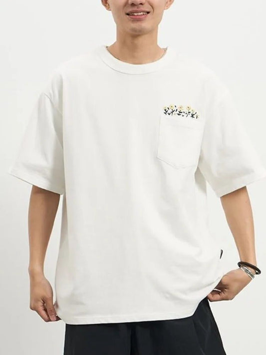 Men's Flower Embroidered Pocket T-Shirt - Streetwear