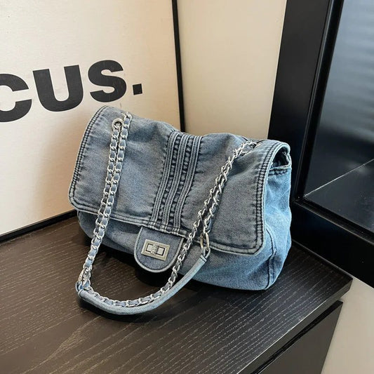 Casual Denim Shoulder Bags with Zipper Compartment
