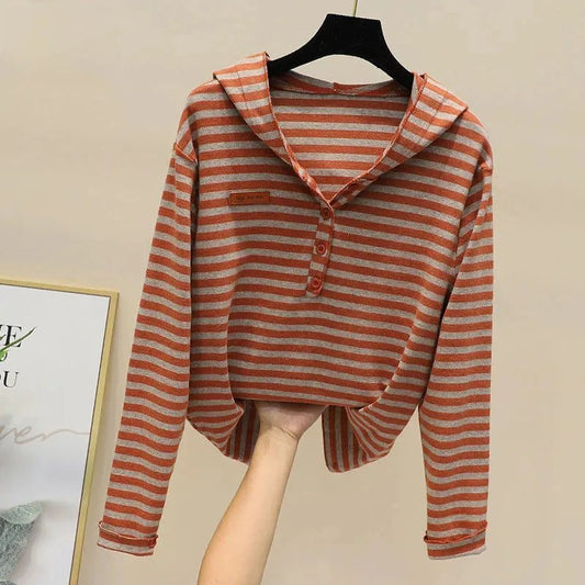 2023 Women's Striped Hooded Long Sleeve T-shirt