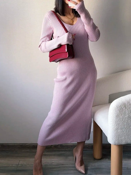 Light Blue V Neck Knitted Sweater Dress