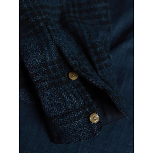 Vintage Men's Plaid Band Collar Flannel Shirt