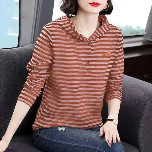 2023 Women's Striped Hooded Long Sleeve T-shirt