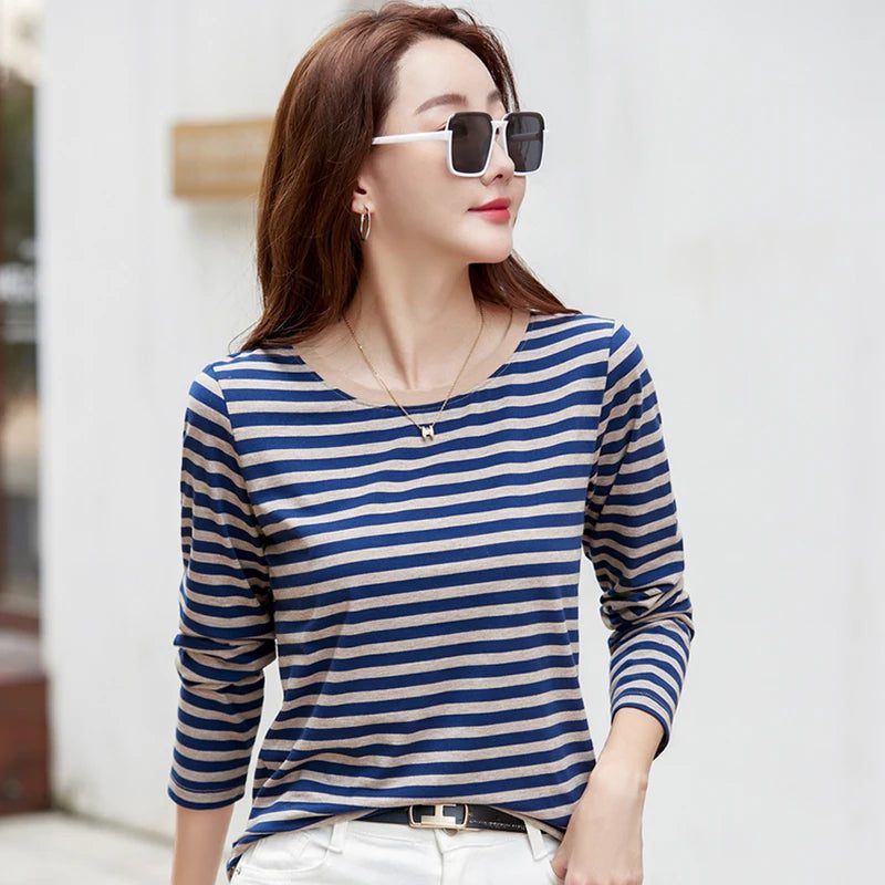 2023 Women's Striped Long Sleeve Cotton Tee