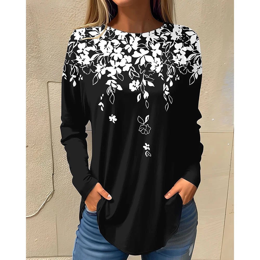 Stylish Long Sleeve Floral Cotton T-Shirts for Women