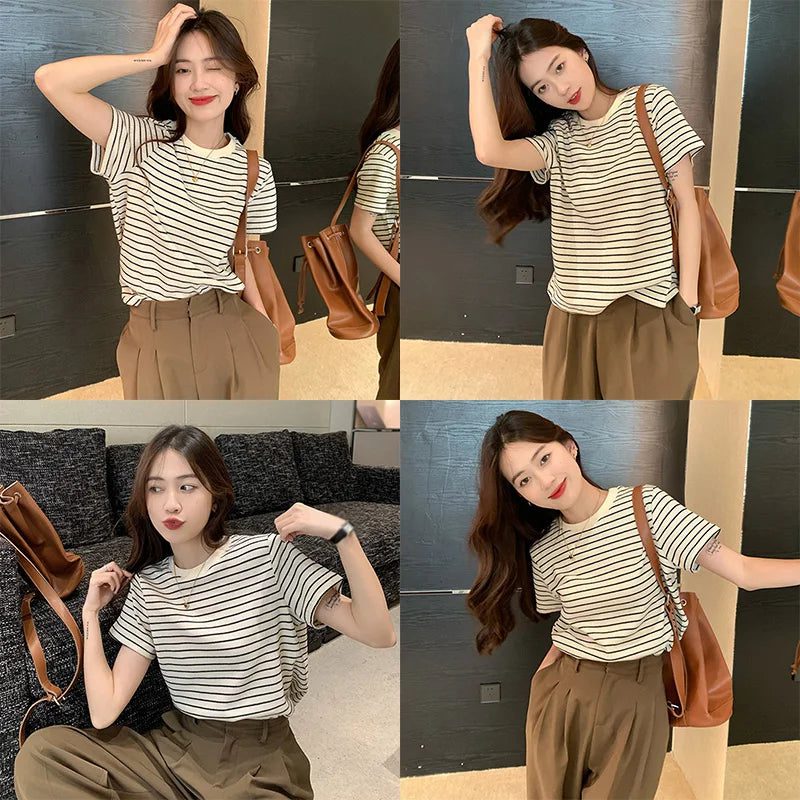Casual Striped Cotton Tees for Women