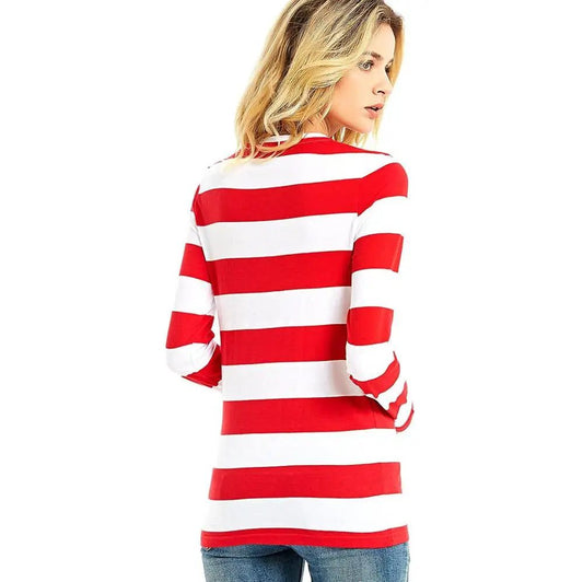 Women's Red White Striped Long Sleeve Tee
