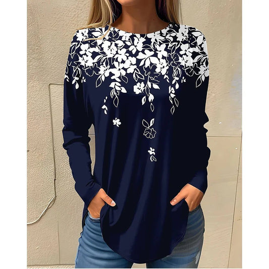 Stylish Long Sleeve Floral Cotton T-Shirts for Women