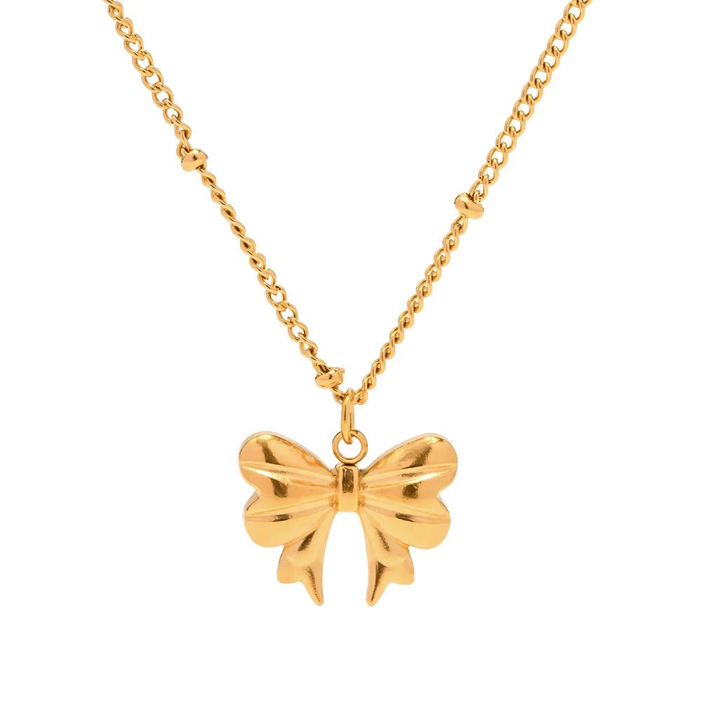 Trendy Waterproof 18K Gold Bow Pendant Necklace