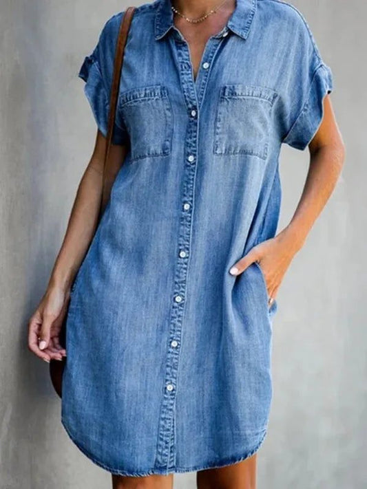 Elegant Midi A-line Denim Shirt Dress