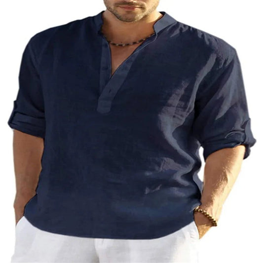 Men's V-Neck Cotton Linen Long Sleeve Shirt