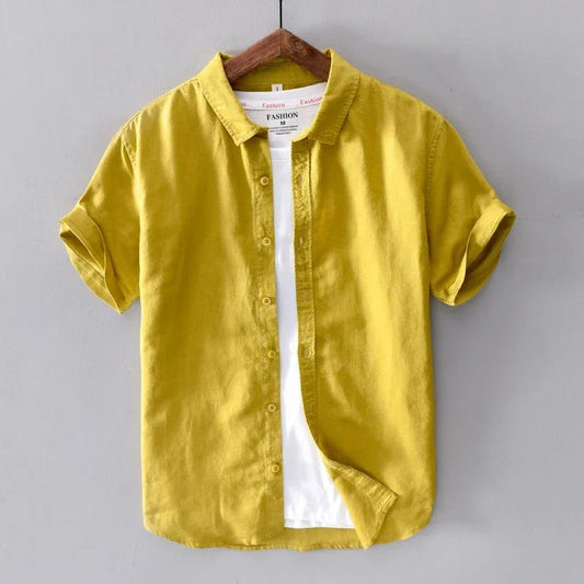 Men's Casual Yellow Cotton Linen Short Sleeve Shirts