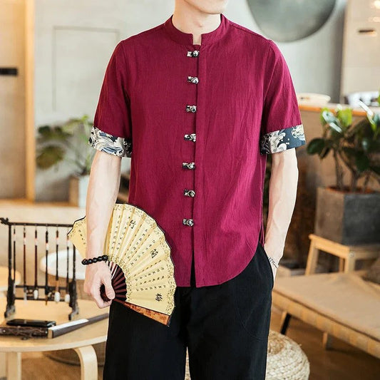 Men's Cotton Linen Medium Sleeve Button Shirt