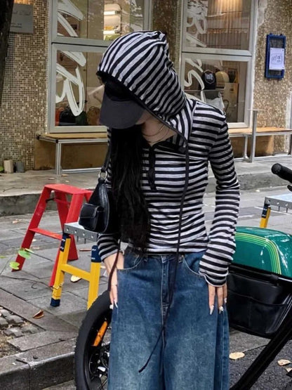 Plus Size Striped Cotton Hooded Shirt