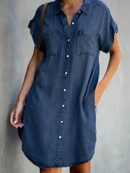 Elegant Midi A-line Denim Shirt Dress